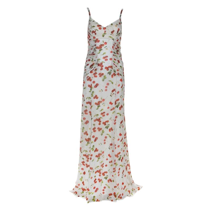 Dolce and Gabanna White Cherry Print Ruched Detail Sleeveless Dress M