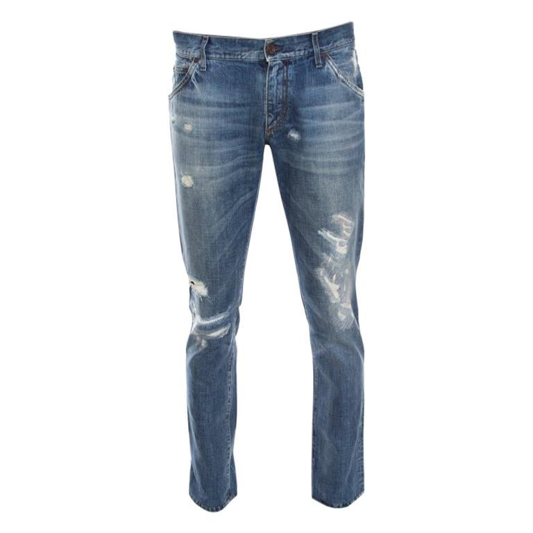 Dolce and Gabbana 14 Gold Indigo Light Wash Denim Distressed Straight Jeans  M For Sale at 1stDibs