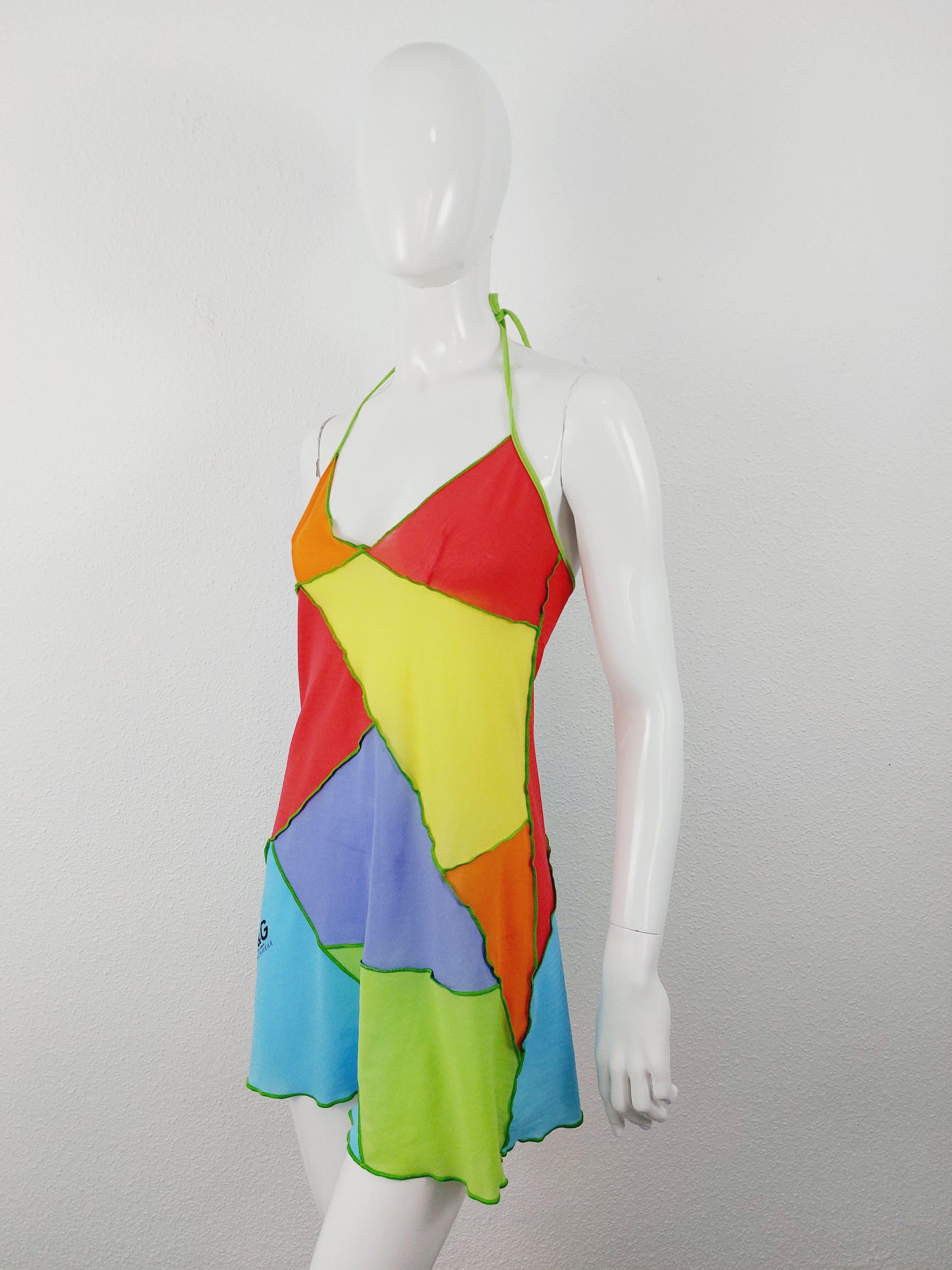 Dolce and Gabbana 2003 D&G Patchwork Rainbow  Mesh Transparent  Beachwear Dress 6