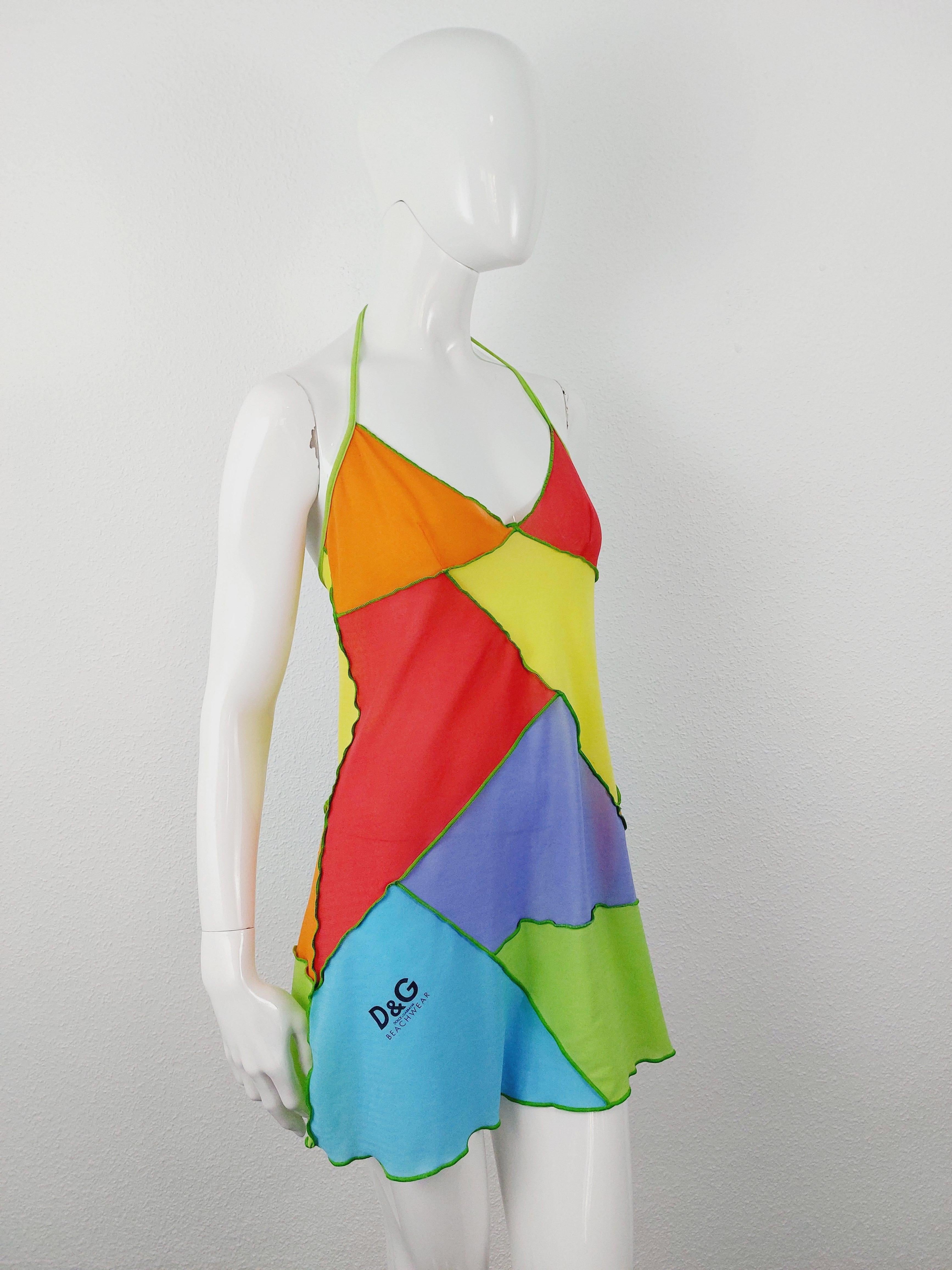 Dolce and Gabbana 2003 D&G Patchwork Rainbow  Mesh Transparent  Beachwear Dress 8