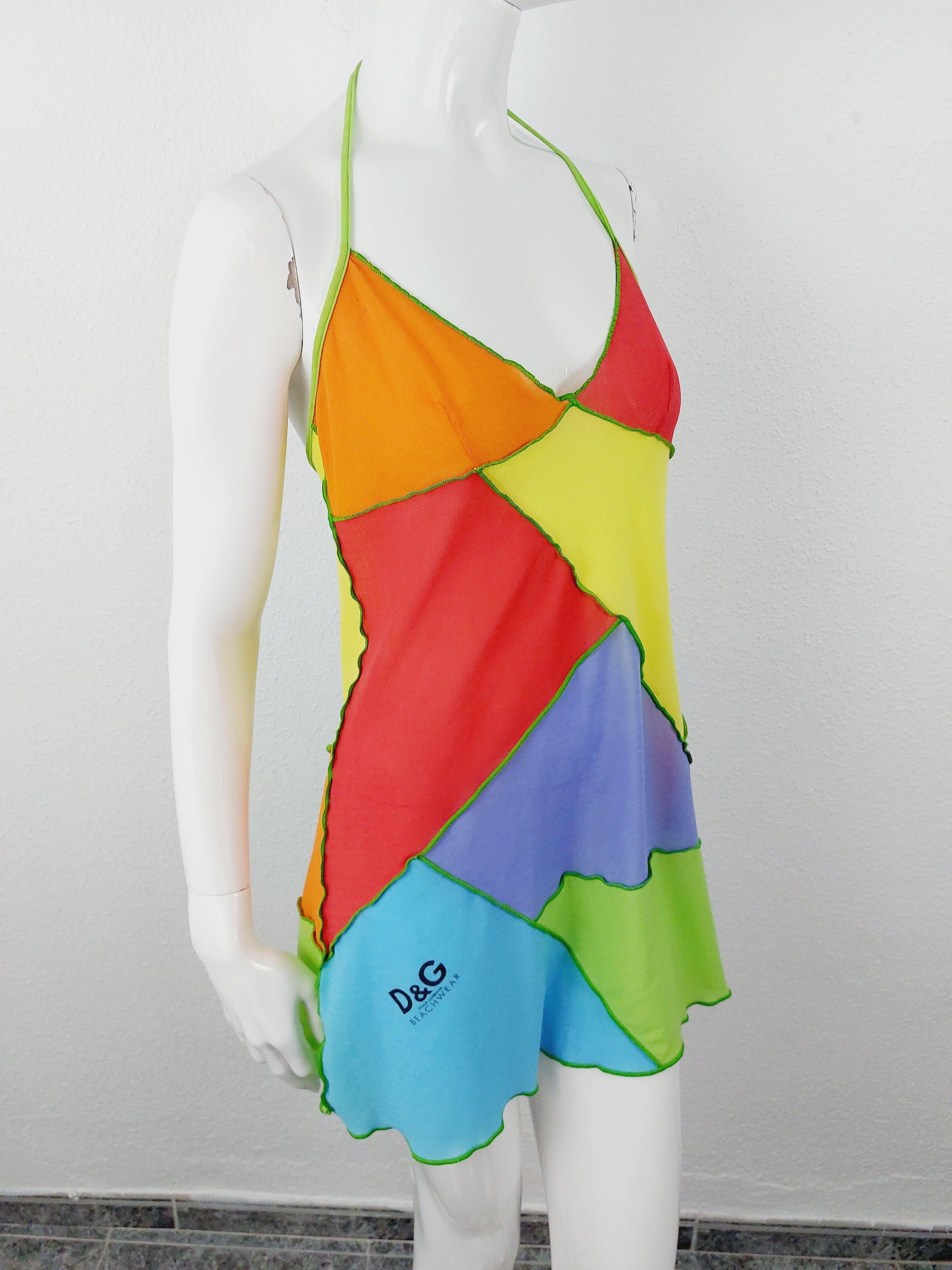 Dolce and Gabbana 2003 D&G Patchwork Rainbow  Mesh Transparent  Beachwear Dress 9