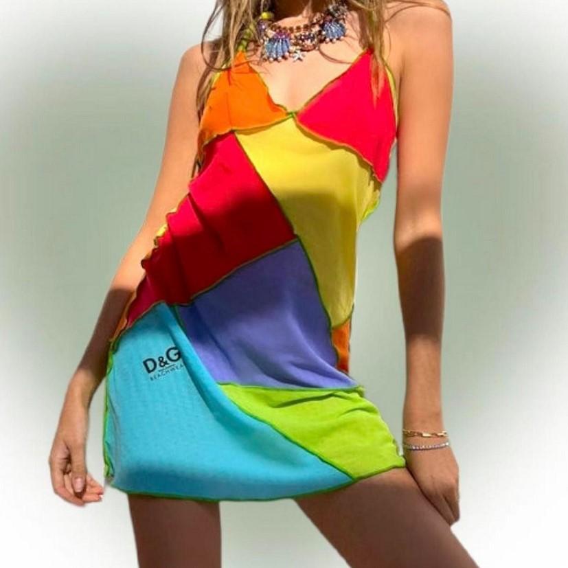 Dolce and Gabbana 2003 D&G Patchwork Rainbow  Mesh Transparent  Beachwear Dress In Excellent Condition In PARIS, FR