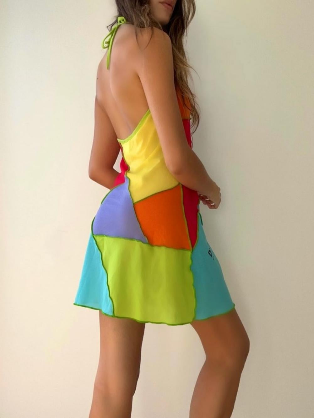 Women's Dolce and Gabbana 2003 D&G Patchwork Rainbow  Mesh Transparent  Beachwear Dress