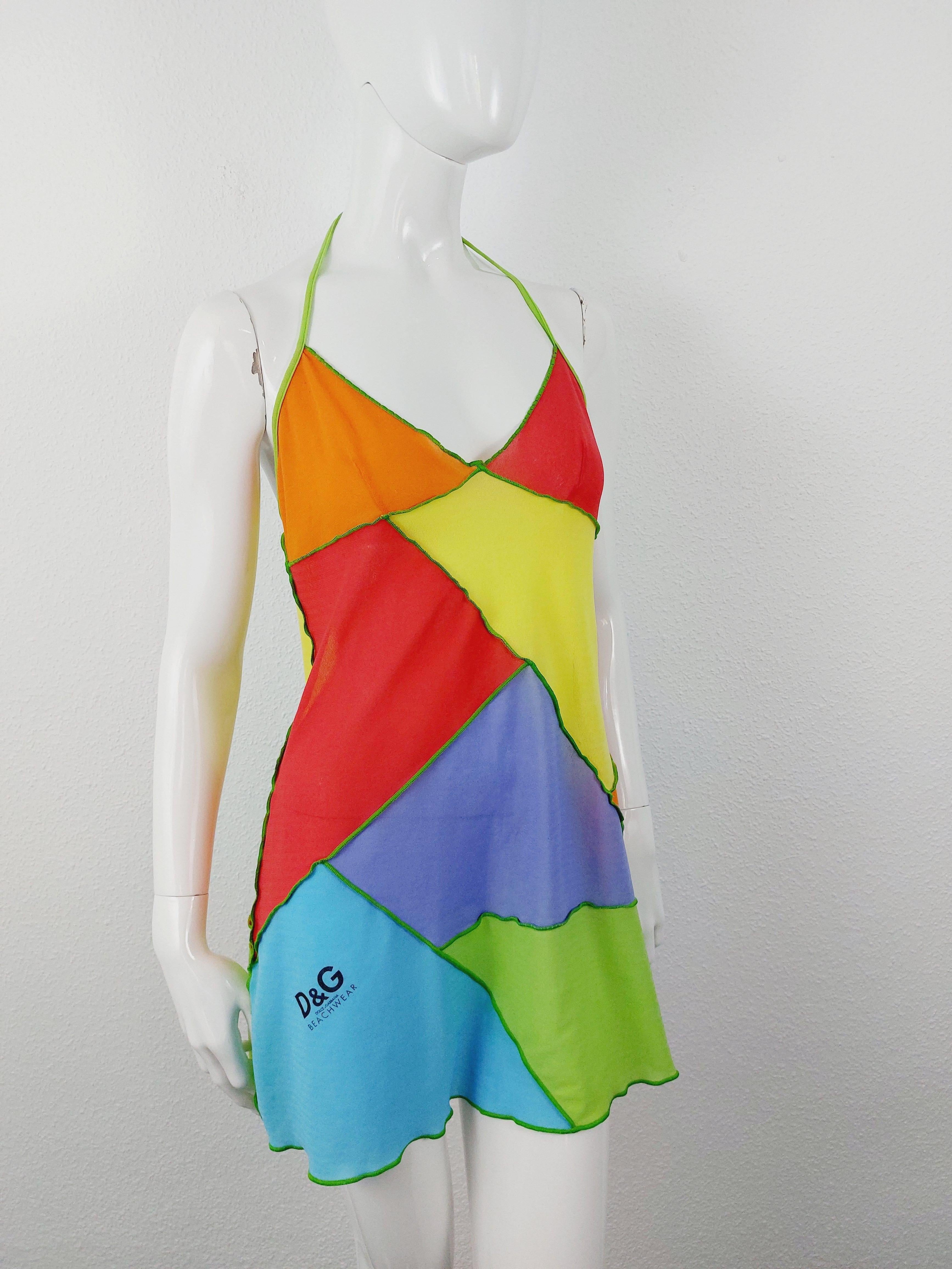 Dolce and Gabbana 2003 D&G Patchwork Rainbow  Mesh Transparent  Beachwear Dress 2