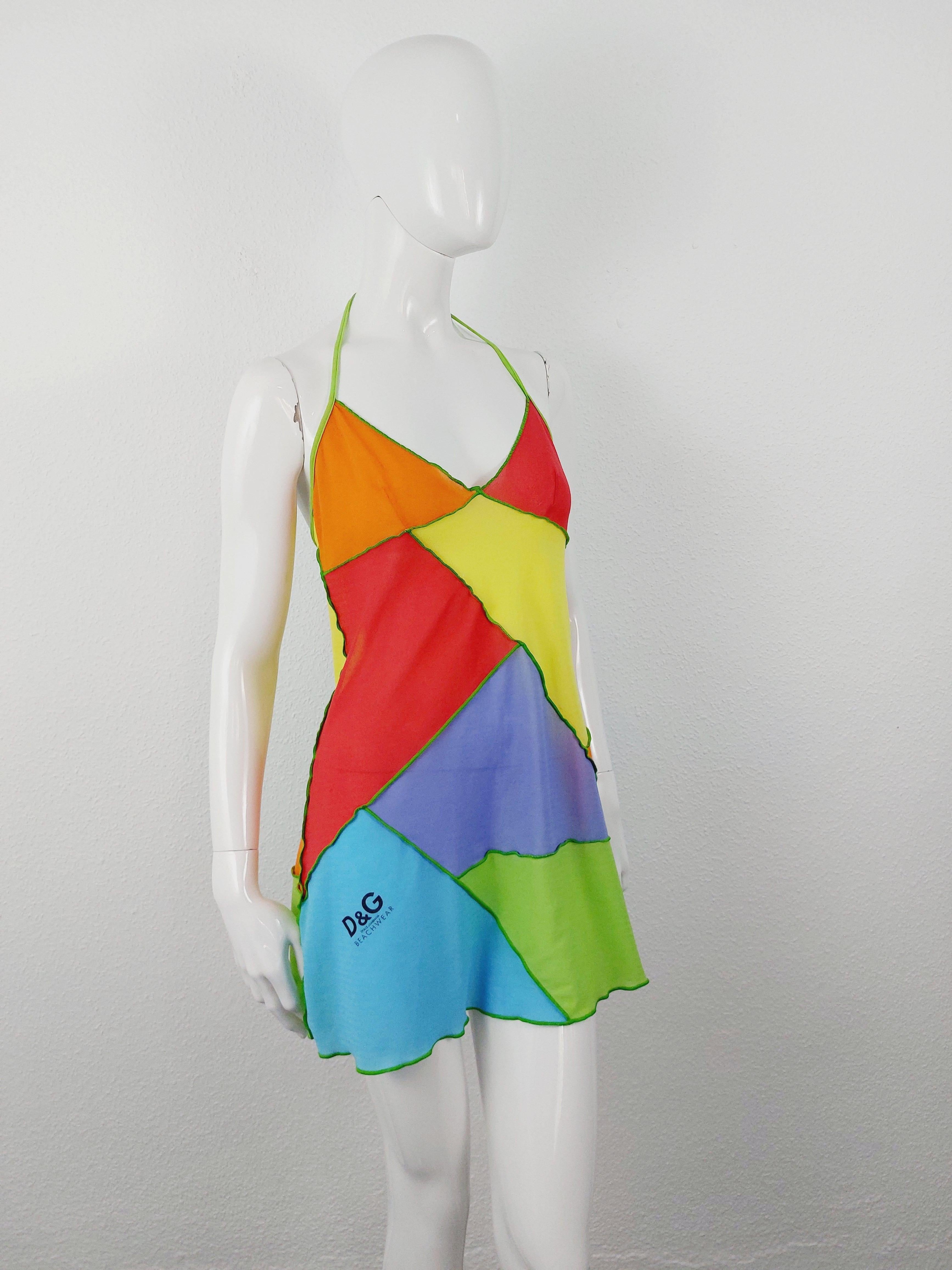 Dolce and Gabbana 2003 D&G Patchwork Rainbow  Mesh Transparent  Beachwear Dress 3
