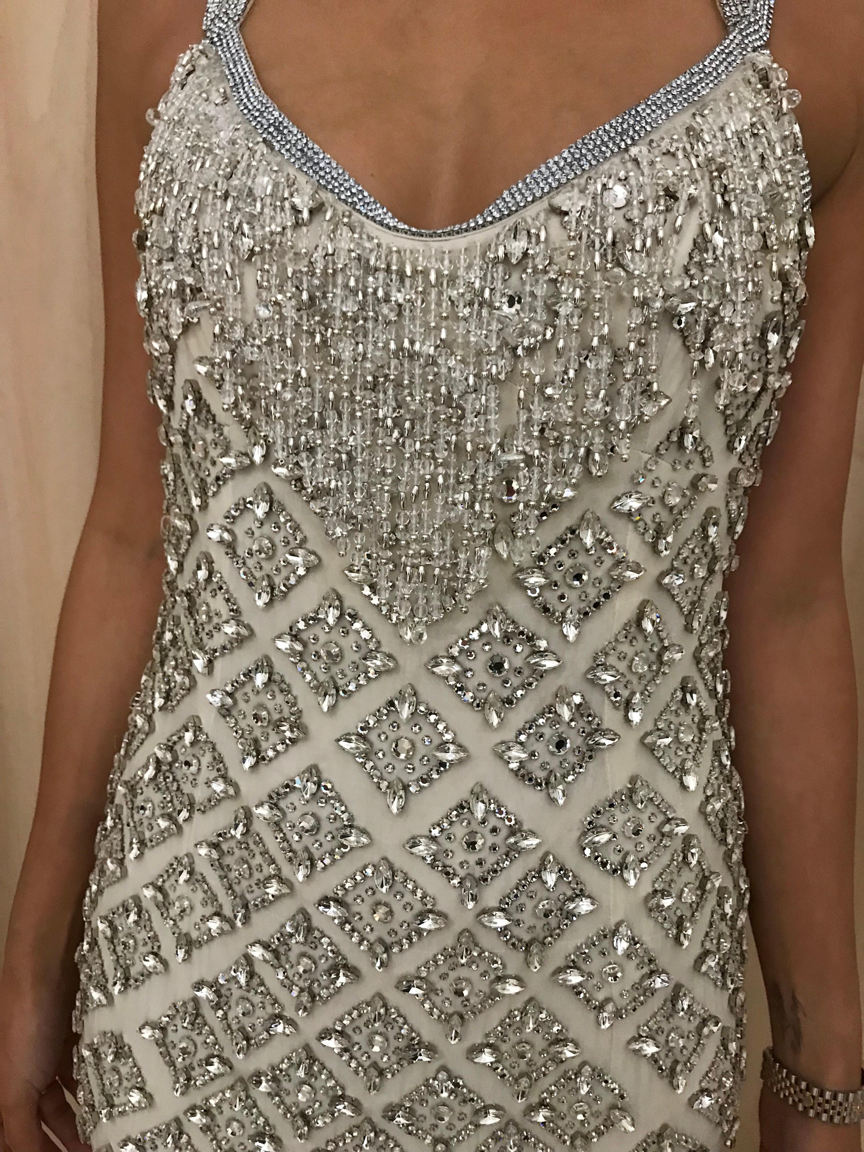 Gray Dolce and Gabbana 2004 White Beaded Rhinestones Flapper Dress For Sale
