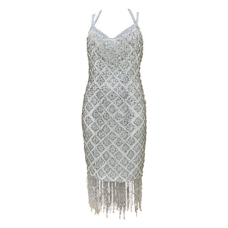 Dolce and Gabbana 2004 White Beaded Rhinestones Flapper Dress For Sale