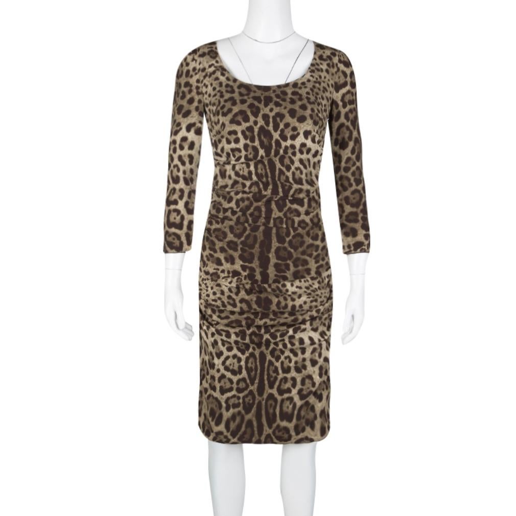 Black Dolce and Gabbana Animal Print Ruched Silk Long Sleeve Dress M