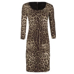Dolce and Gabbana Animal Print Ruched Silk Long Sleeve Dress M