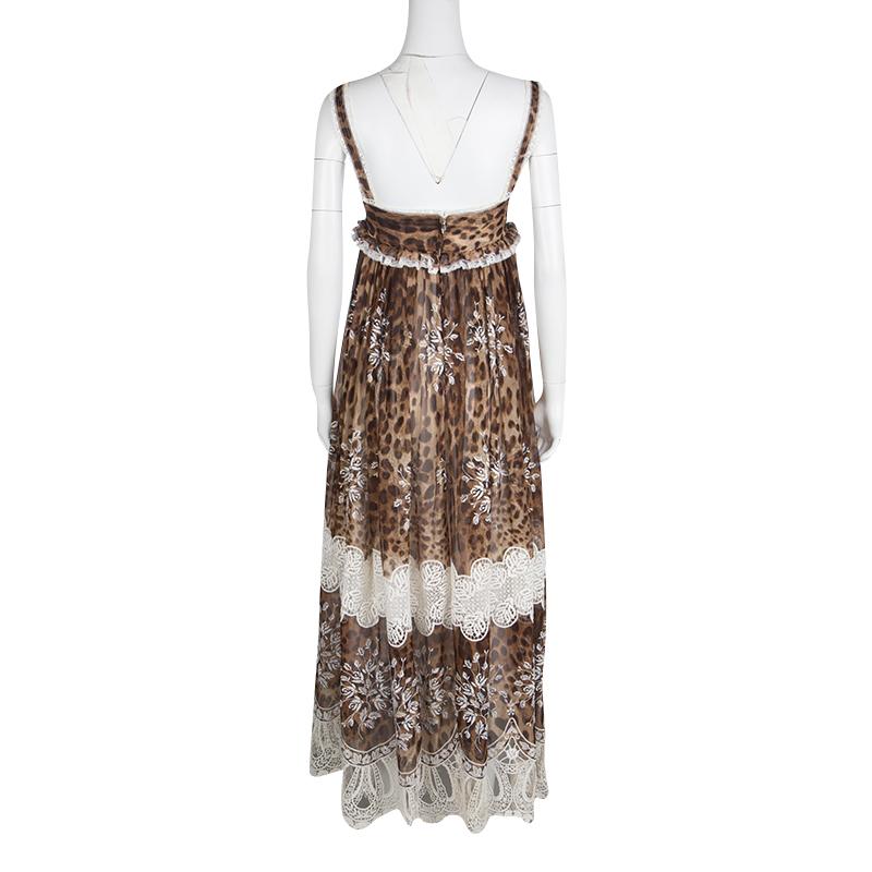 Brown Dolce and Gabbana Animal Printed Silk Embroidered Lace Detail Maxi Dress S