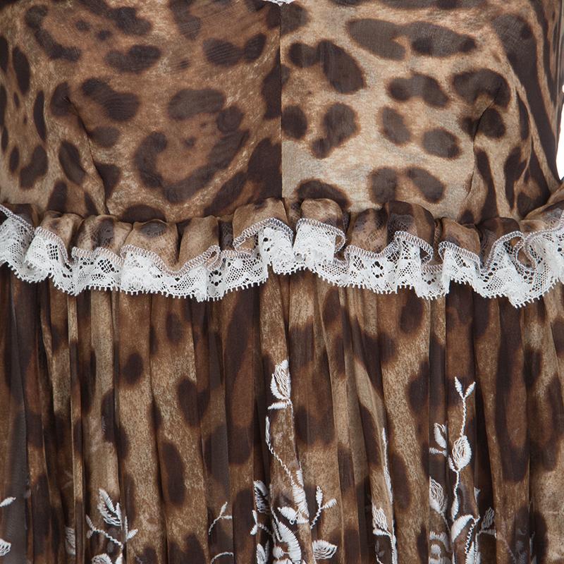 Dolce and Gabbana Animal Printed Silk Embroidered Lace Detail Maxi Dress S In Good Condition In Dubai, Al Qouz 2