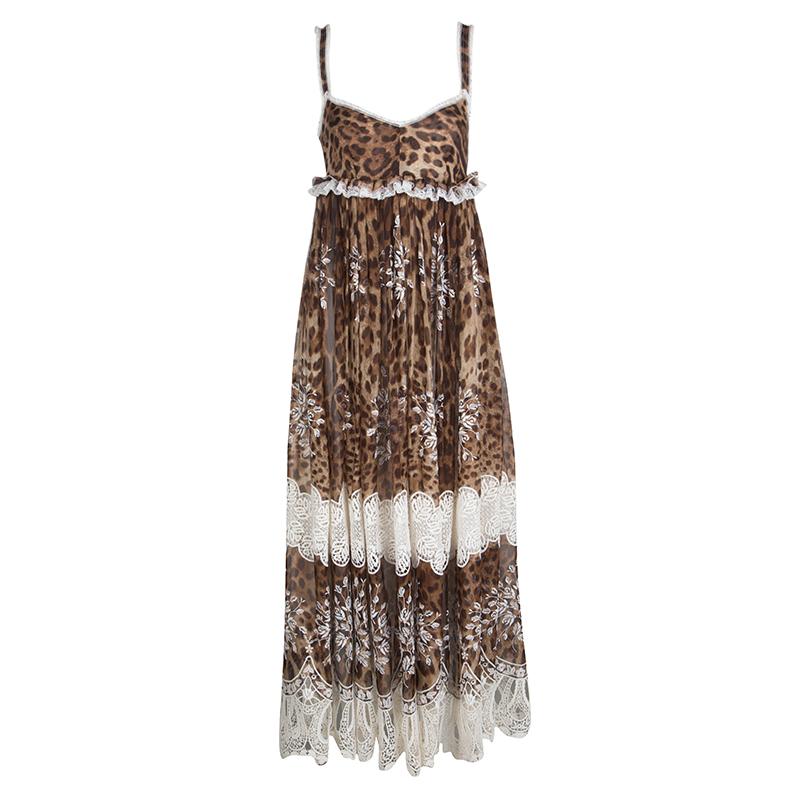 Dolce and Gabbana Animal Printed Silk Embroidered Lace Detail Maxi Dress S