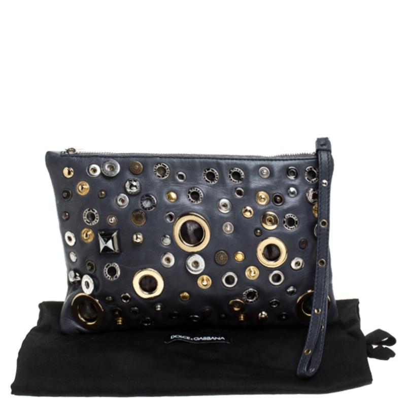 Dolce and Gabbana Ash Blue Leather Eyelet Studded Clutch 5