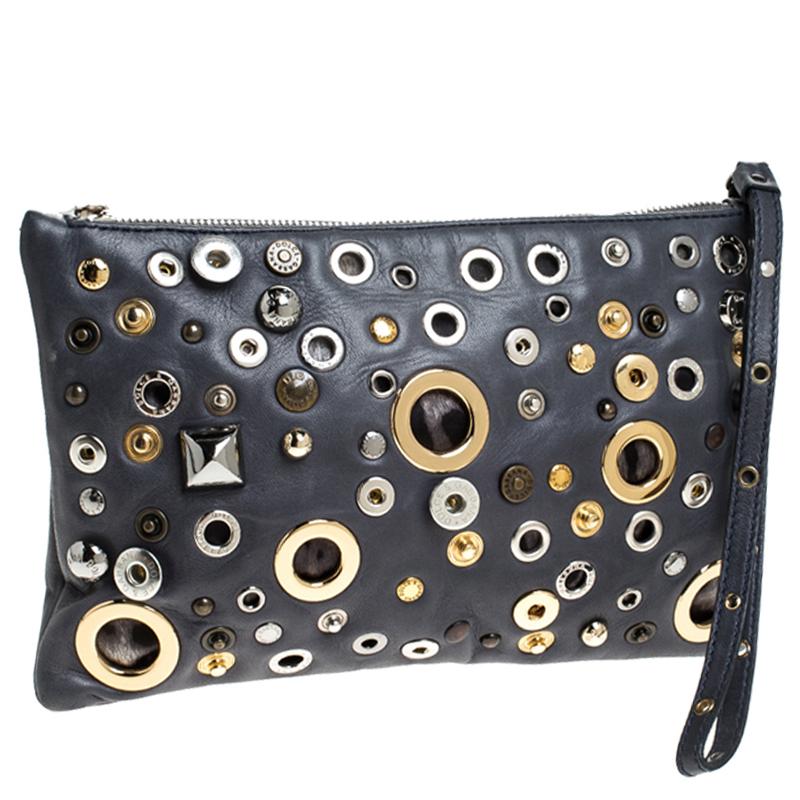Dolce and Gabbana Ash Blue Leather Eyelet Studded Clutch In Good Condition In Dubai, Al Qouz 2