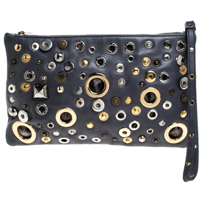 Dolce and Gabbana Ash Blue Leather Eyelet Studded Clutch