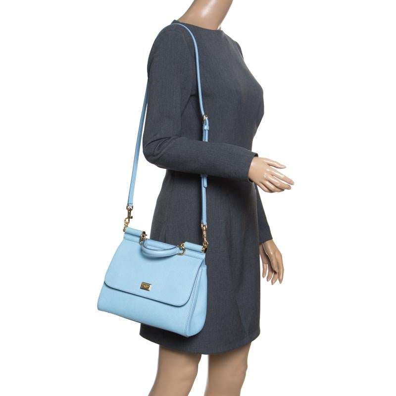 Dolce and Gabbana Baby Blue Leather Medium Miss Sicily Top Handle Bag In Good Condition In Dubai, Al Qouz 2