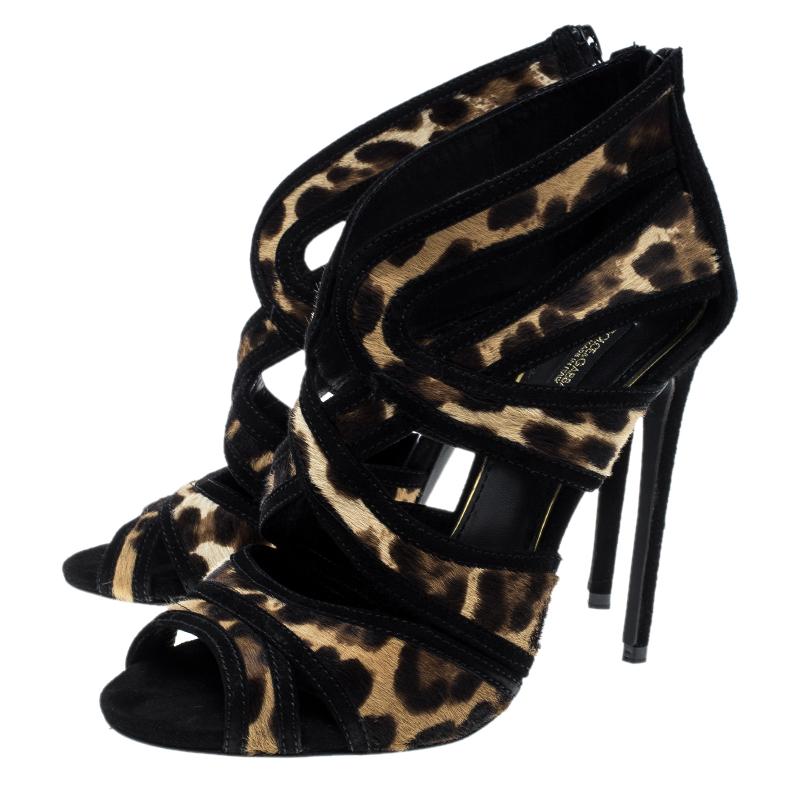 Women's Dolce and Gabbana Beige/Black Leopard Print Calfhair and Suede Sandals Size 37