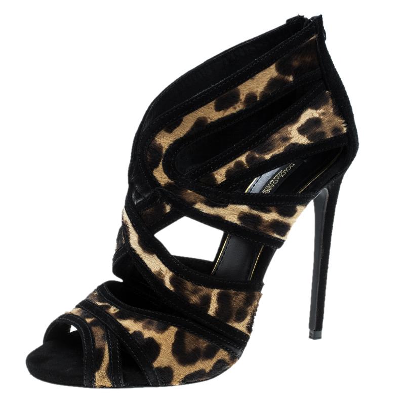 Dolce and Gabbana Beige/Black Leopard Print Calfhair and Suede Sandals Size 37 1