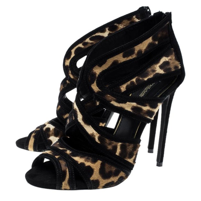 Dolce and Gabbana Beige/Black Leopard Print Calfhair and Suede Sandals ...