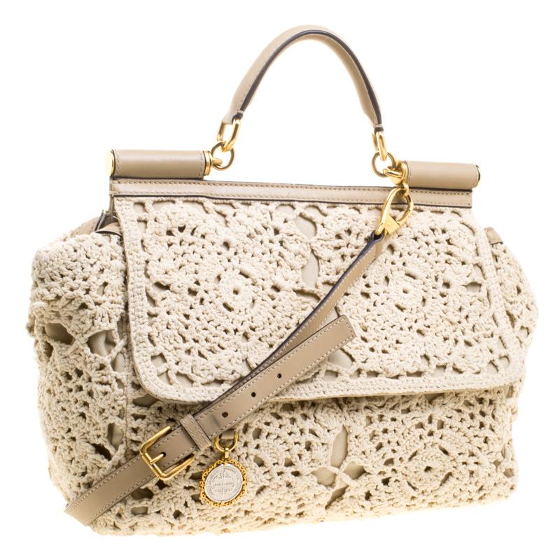 Women's Dolce and Gabbana Beige Crochet Fabric Large Miss Sicily Tote
