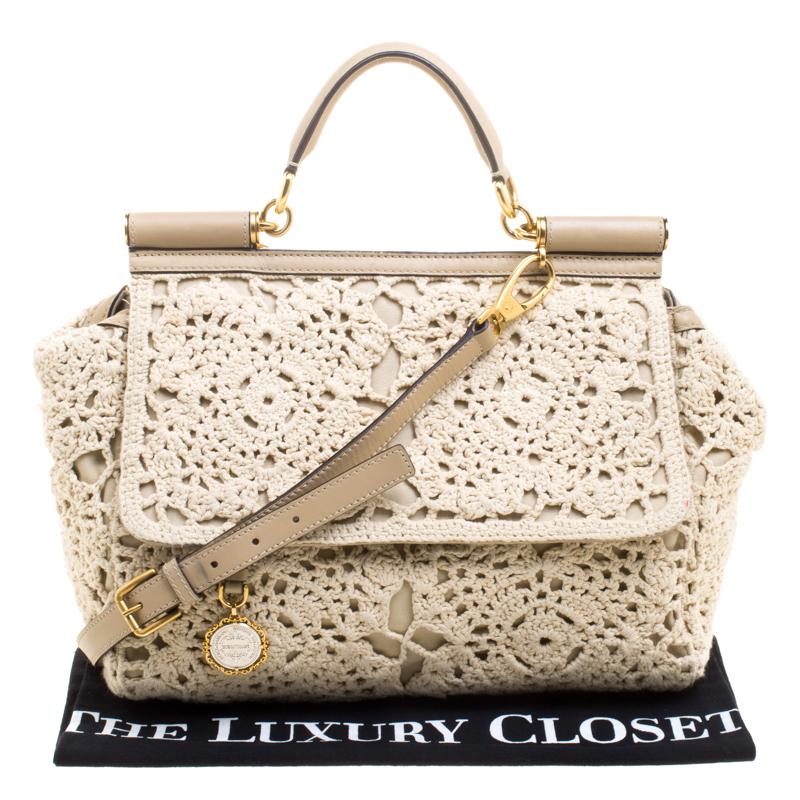 Dolce and Gabbana Beige Crochet Fabric Large Miss Sicily Tote 4