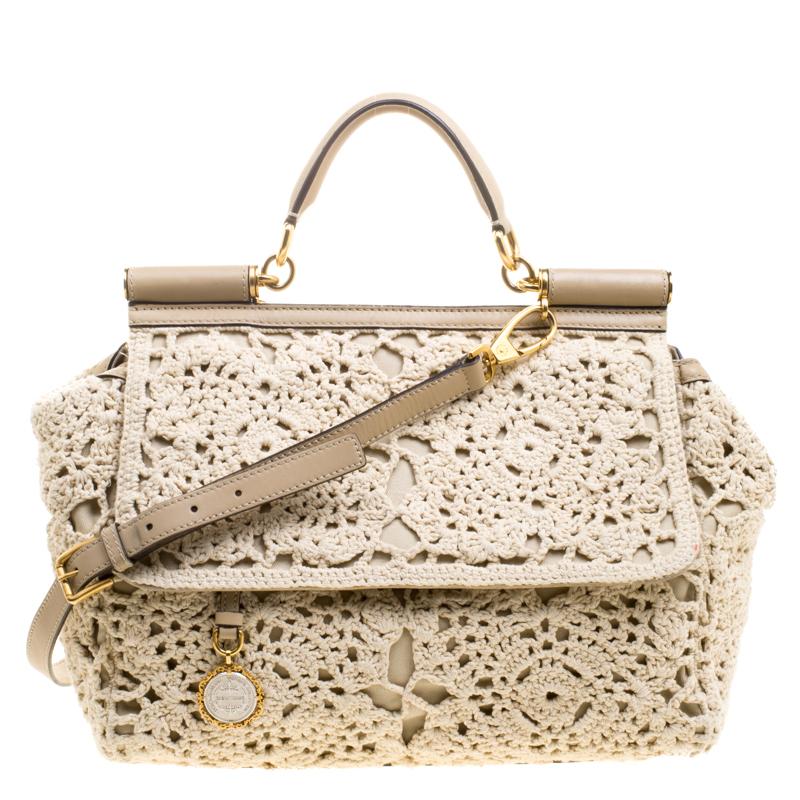 Dolce and Gabbana Beige Crochet Fabric Large Miss Sicily Tote