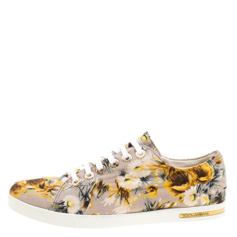 Women's Dolce and Gabbana Beige Floral Printed Canvas Low Top Sneakers Size 37.5