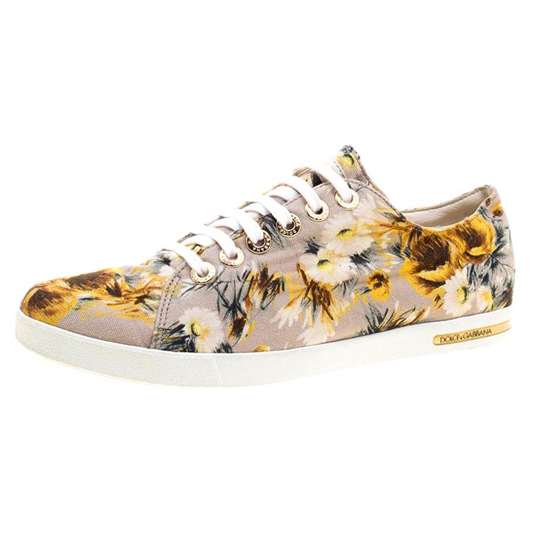 Dolce and Gabbana Beige Floral Printed Canvas Low Top Sneakers Size 37.5