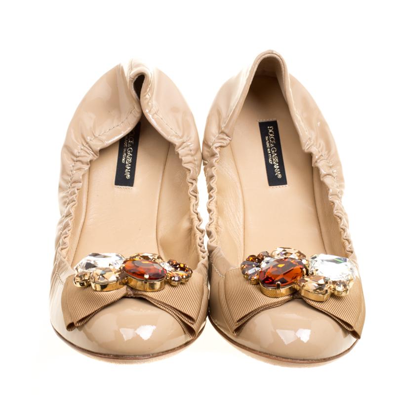 Dolce and Gabbana Beige Leather Embellished Bow Scrunch Ballet Flats Size 39 1