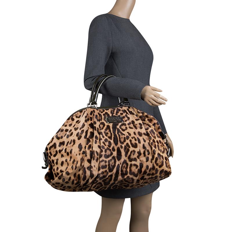 Black Dolce and Gabbana Beige Leopard Print Calfhair Miss Urbanette Satchel