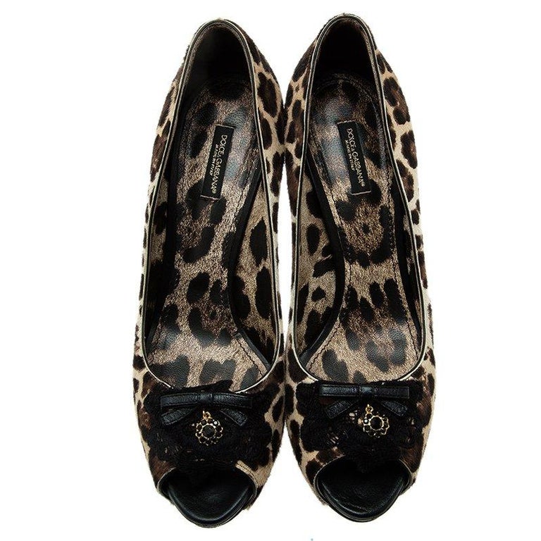 Dolce and Gabbana Beige Leopard Print Pony Hair Bow Peep Toe Pumps Size ...