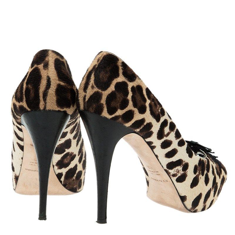 Black Dolce and Gabbana Beige Leopard Print Pony Hair Bow Peep Toe Pumps Size 40