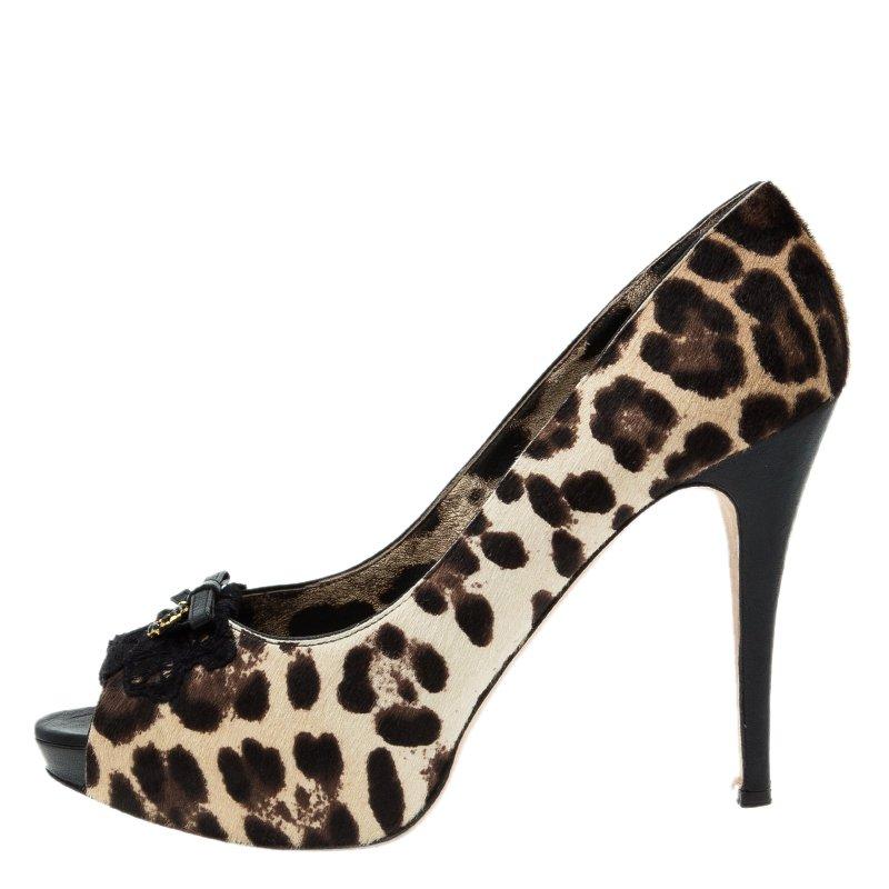 Dolce and Gabbana Beige Leopard Print Pony Hair Bow Peep Toe Pumps Size 40 1