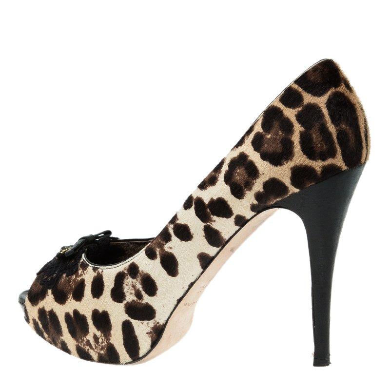 Dolce and Gabbana Beige Leopard Print Pony Hair Bow Peep Toe Pumps Size 40 2
