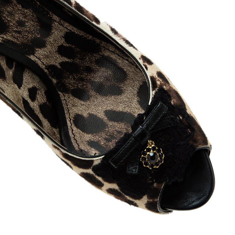Dolce and Gabbana Beige Leopard Print Pony Hair Bow Peep Toe Pumps Size 40 3