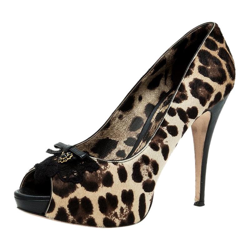 Dolce and Gabbana Beige Leopard Print Pony Hair Bow Peep Toe Pumps Size 40