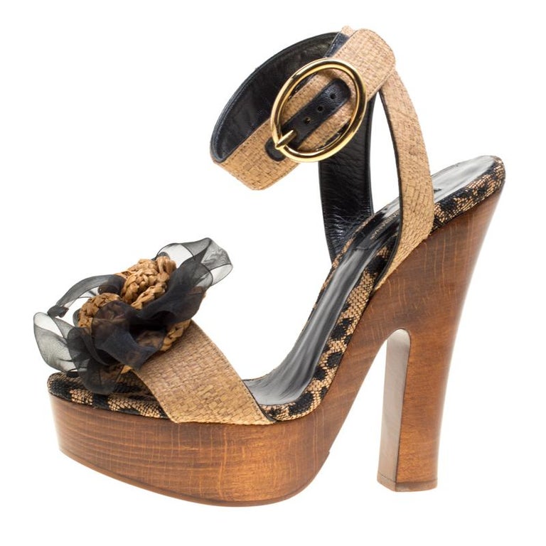 Dolce and Gabbana Beige Leopard Raffia Platform Sandals Size 38 For ...