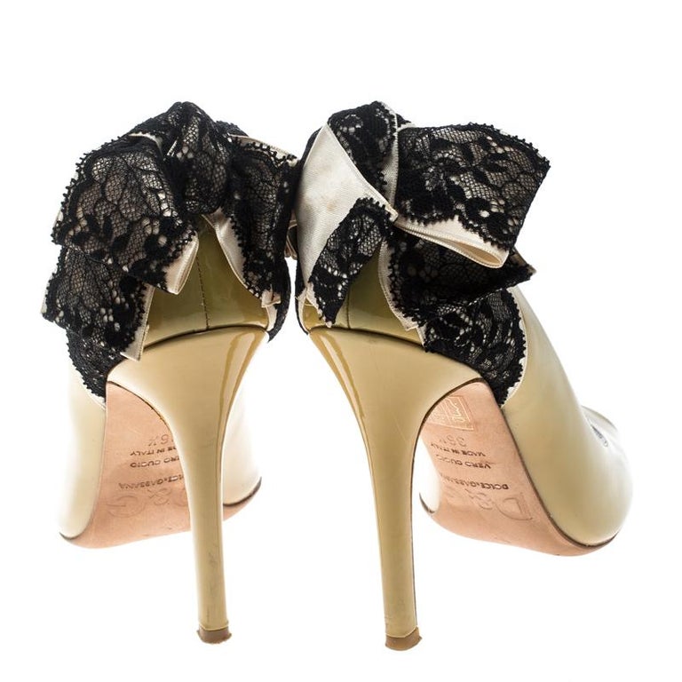 Dolce and Gabbana Beige Patent Leather Lace Bow Detail Peep Toe Pumps ...