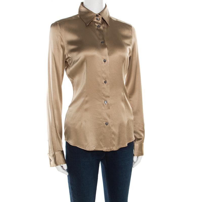 Dolce and Gabbana Beige Silk Satin Long Sleeve Button Front Shirt S In Good Condition In Dubai, Al Qouz 2