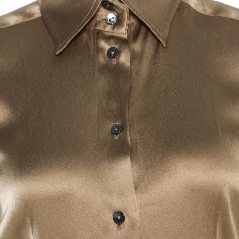 Dolce and Gabbana Beige Silk Satin Long Sleeve Button Front Shirt S 1