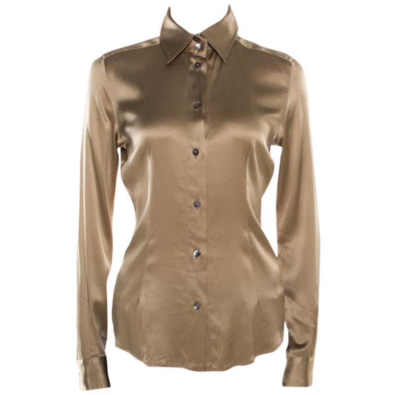 Dolce and Gabbana Beige Silk Satin Long Sleeve Button Front Shirt S