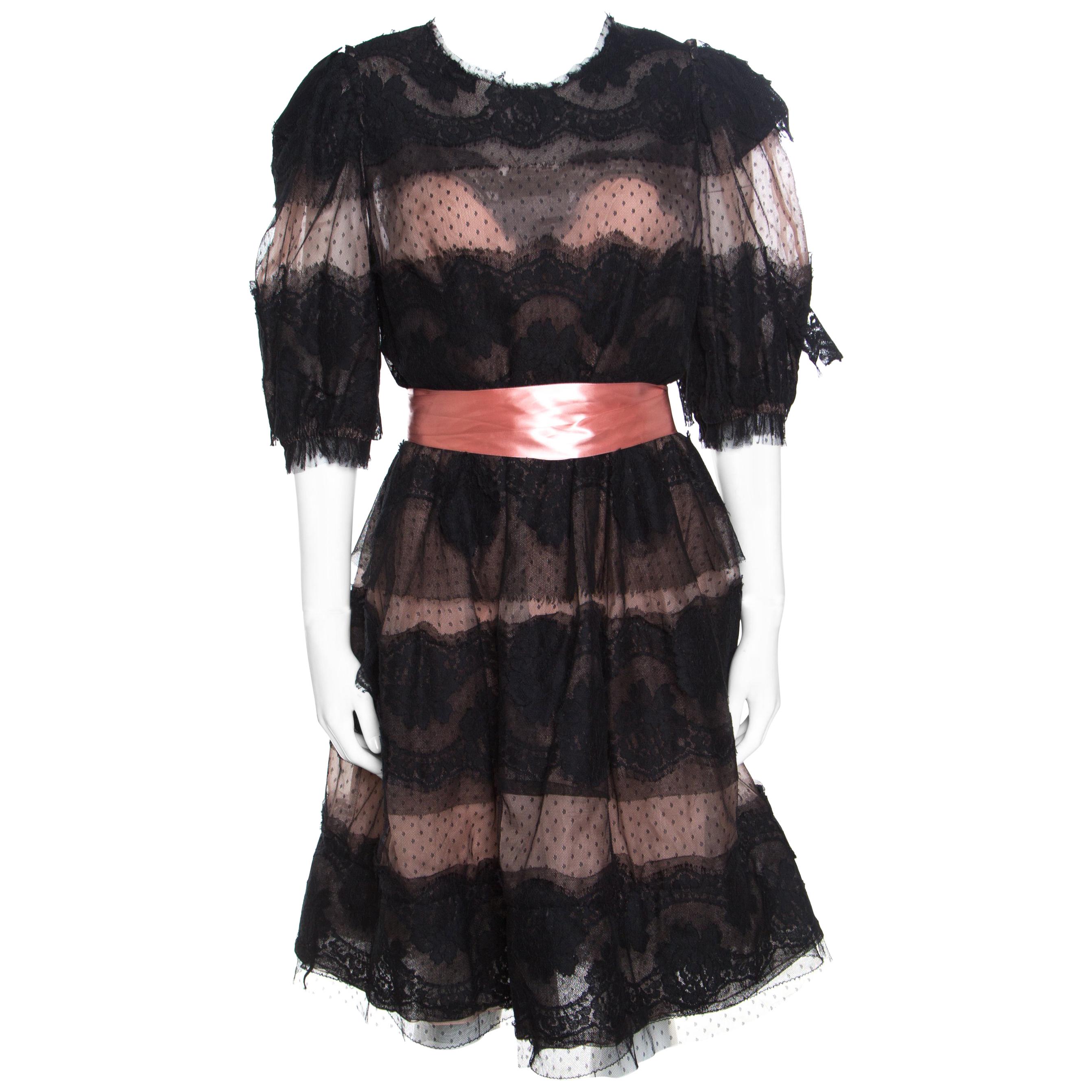 Dolce and Gabbana Black and Blush Pink Floral Scalloped Lace Belted Dress L