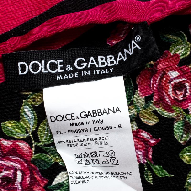 Women's Dolce and Gabbana Black and Pink Rose Printed Silk Square Scarf