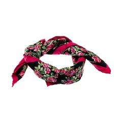 Dolce and Gabbana Black and Pink Rose Printed Silk Square Scarf