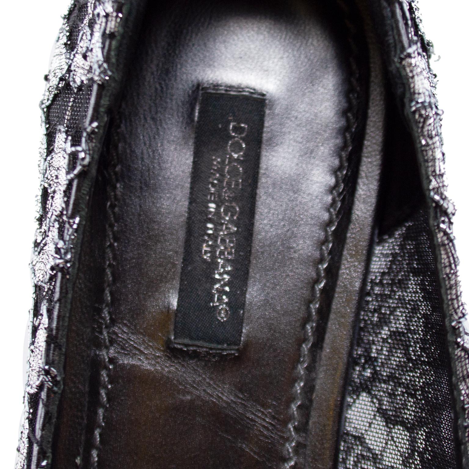 Dolce and Gabbana Black and Silver Vally Embellished Lace Ballet Flats In Good Condition In Toronto, Ontario