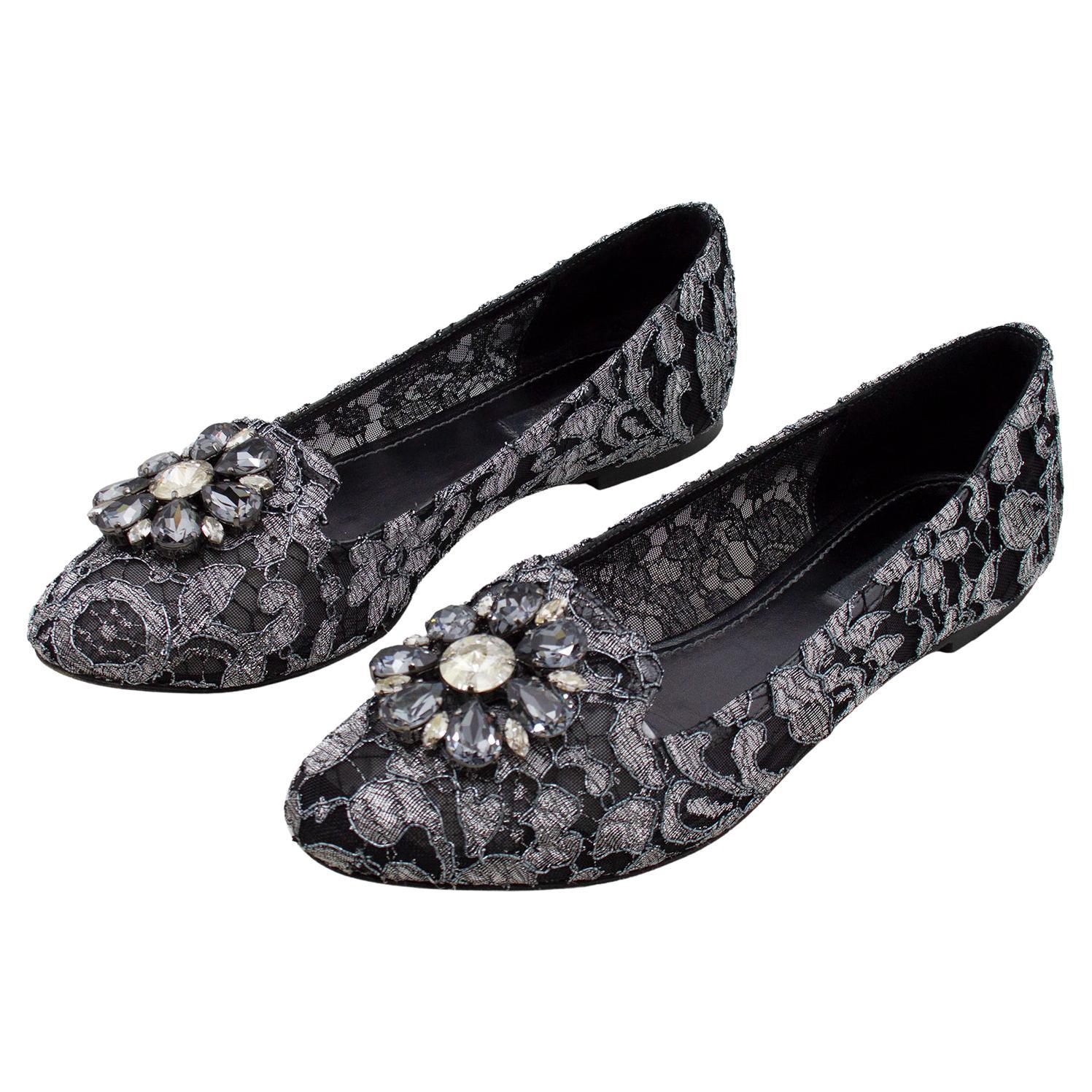 Dolce and Gabbana Black and Silver Vally Embellished Lace Ballet Flats