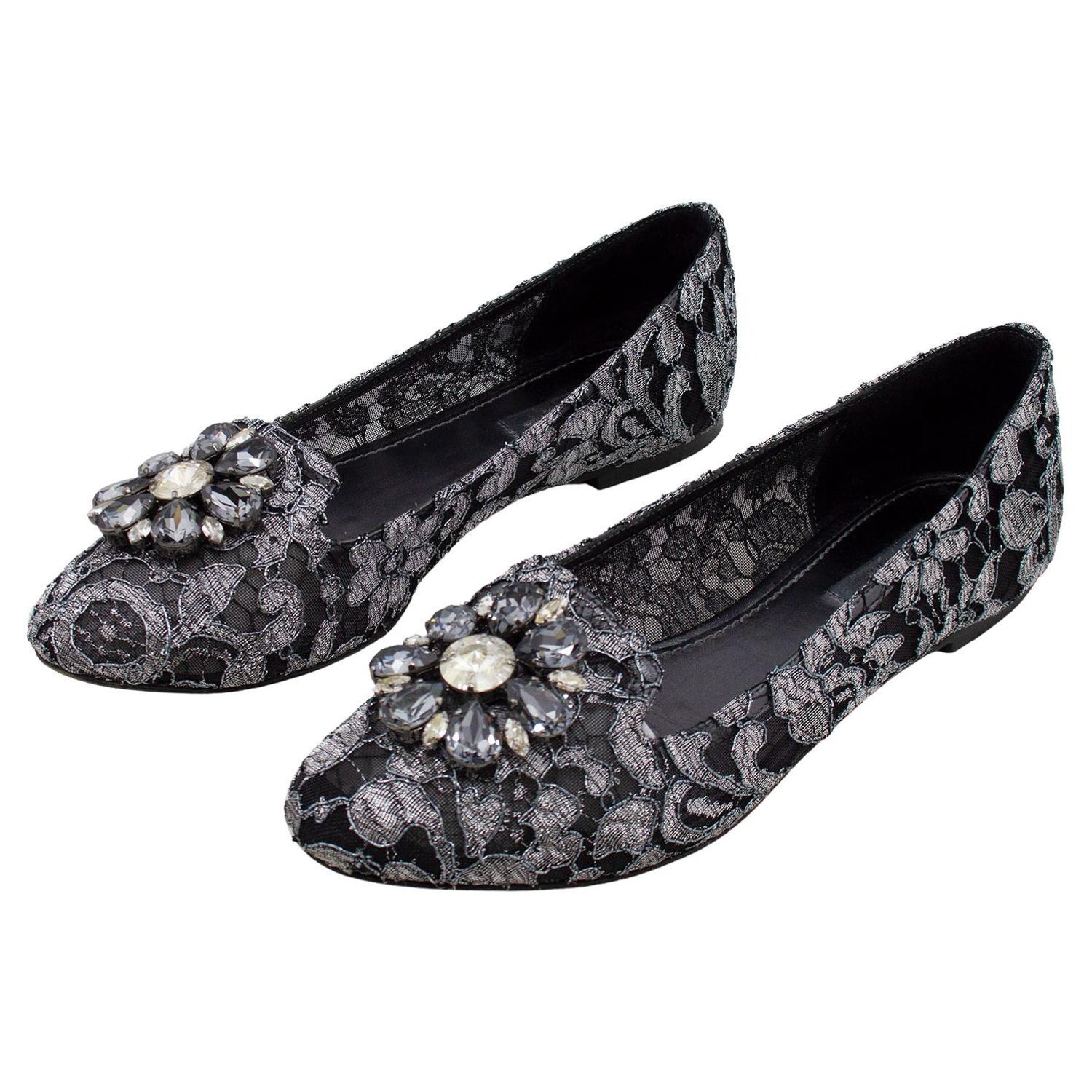 Dolce and Gabbana Black and Silver Vally Embellished Lace Ballet Flats For  Sale at 1stDibs | d&g ballerina shoes