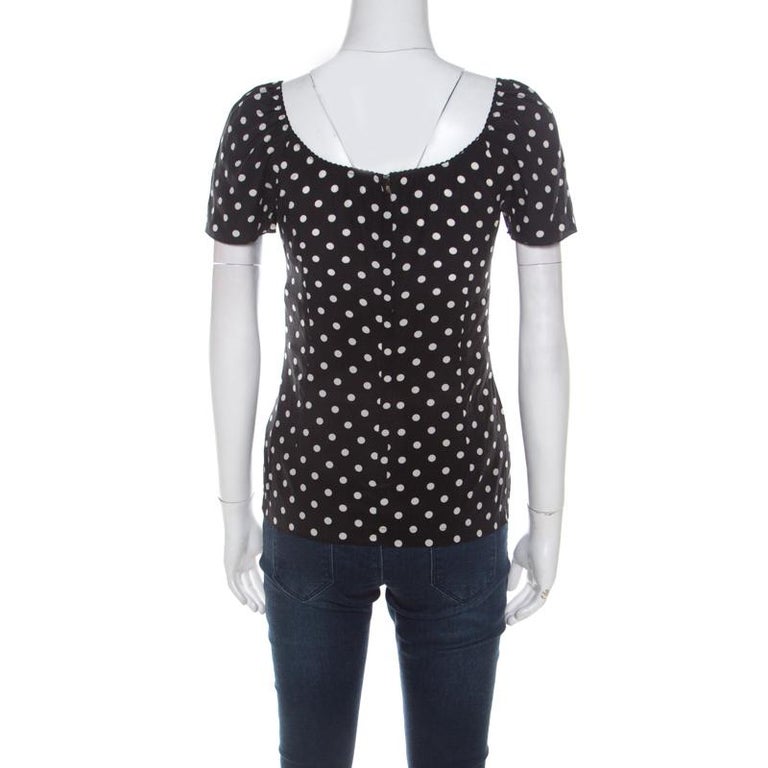 Dolce and Gabbana Black and White Polka Dot Printed Silk Bow Detail Top ...