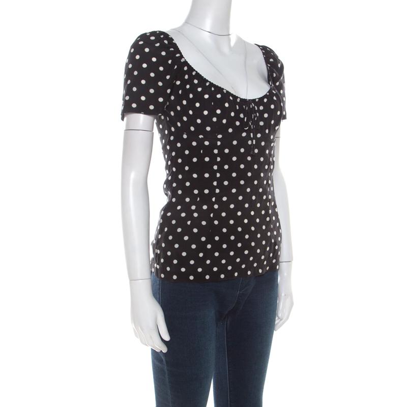 Dolce and Gabbana Black and White Polka Dot Printed Silk Bow Detail Top S In Good Condition In Dubai, Al Qouz 2