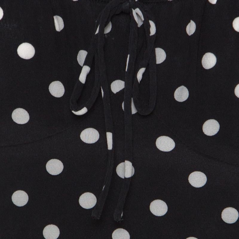 Women's Dolce and Gabbana Black and White Polka Dot Printed Silk Bow Detail Top S